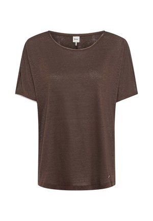 T-shirt da donna marrone a maniche corte con scollo rotondo, tessuto leggero semi-trasparente e piccolo logo vicino all'orlo.