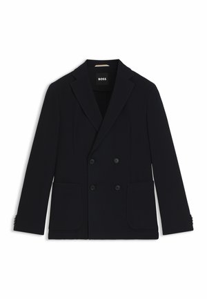Blazer doppiopetto blu navy con motivo texturizzato, rever strutturati, due tasche frontali e bottoni neri. Etichetta con la scritta "BOSS."