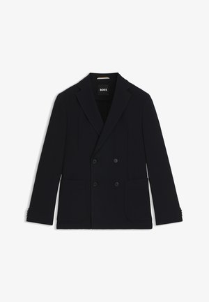 Marinblå dubbelknäppt kavaj med en strukturerad mönster, formade slag, två framfickor och svarta knappar. Lappen visar "BOSS."