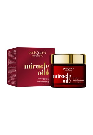 Crema de día hidratante PostQuam Professional Miracle Oil con rosa mosqueta en tarro rojo con tapa dorada y caja a juego.
