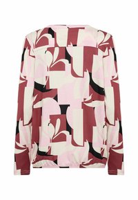 Langærmet top med et abstrakt mønster i pink, sort og bordeaux på et blødt stof, med rundet kant og løs pasform.