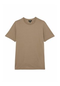 Brūns kokvilnas T-krekls ar īsām piedurknēm, apaļu kakla izgriezumu un brīvu piegriezumu. Gluda tekstūra bez rakstiem vai akcents.