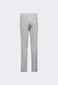 Lichtgrijze broek met een elastische tailleband, recht model en een enkele achterzak. Glad textuur zonder zichtbare patronen.