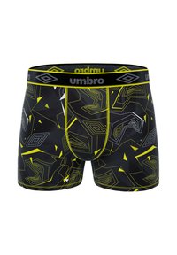 Boxer-briefs noirs avec des motifs géométriques jaunes et blancs, ceinture élastique arborant le logo "umbro", et un design ajusté.