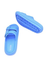 Blue plastic sandals with two adjustable buckles, textured upper surface, and a patterned sole for grip. Lightweight and open design.