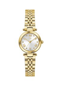 Orologio tono oro con quadrante rotondo, quadrante argento, numeri romani, dettagli in cristallo e cinturino a maglie in metallo. Movimento meccanico svizzero.