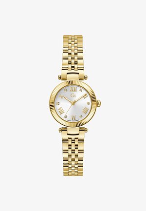 Kuldse tooniga käekell ümmarguse sihverplaadiga, hõbedase sihverplaadi, Rooma numbrite, kristallaktsentide ja metallist link-rihmaga. Šveitsi mehhanism.