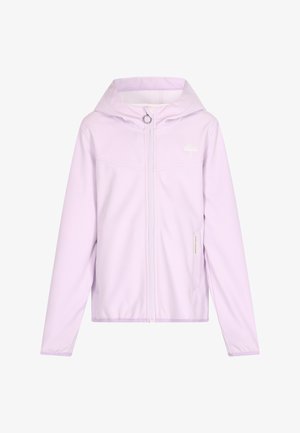 Világos lila dzseki kapucnival, sima textúrával, elől cipzárral, két oldalsó zsebbel és egy kis fehér esernyő logóval a mellkason.