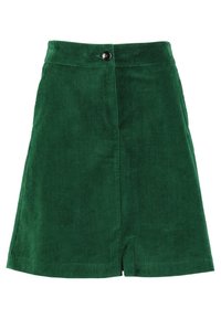 Gonna in corduroy verde con texture a coste verticale, fessura frontale e chiusura a bottone unica in vita.