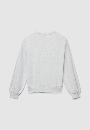 Felpa grigia con maniche lunghe e ampie, polsini e orlo a costine, tessuto morbido e scollo rotondo. Vista posteriore che mostra un design semplice.