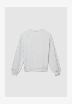 Felpa grigia con maniche lunghe e ampie, polsini e orlo a costine, tessuto morbido e scollo rotondo. Vista posteriore che mostra un design semplice.