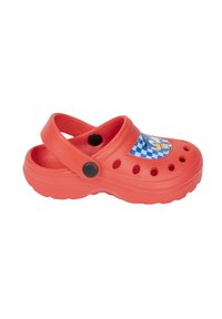 Red plastic clogs with a blue checkered design and character graphic on the front, featuring ventilation holes and a back strap.