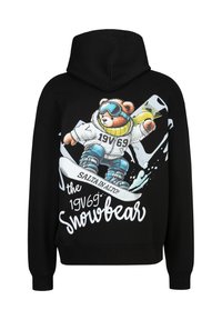 Schwarzer Hoodie mit einem bunten Grafikdesign eines Bären beim Snowboarden, der Skiausrüstung trägt, mit dem Text "der 19V69 Schneebär."