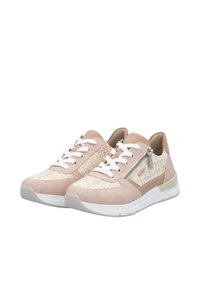 Sneaker rosa chiaro con pannelli in tessuto intrecciato, lacci bianchi e cerniera laterale. Texture liscia con un design della suola spessa.
