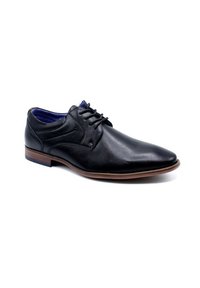 Chaussure de ville en cuir noir avec un bout pointu, un design à lacets, un intérieur bleu contrastant et une semelle marron clair.
