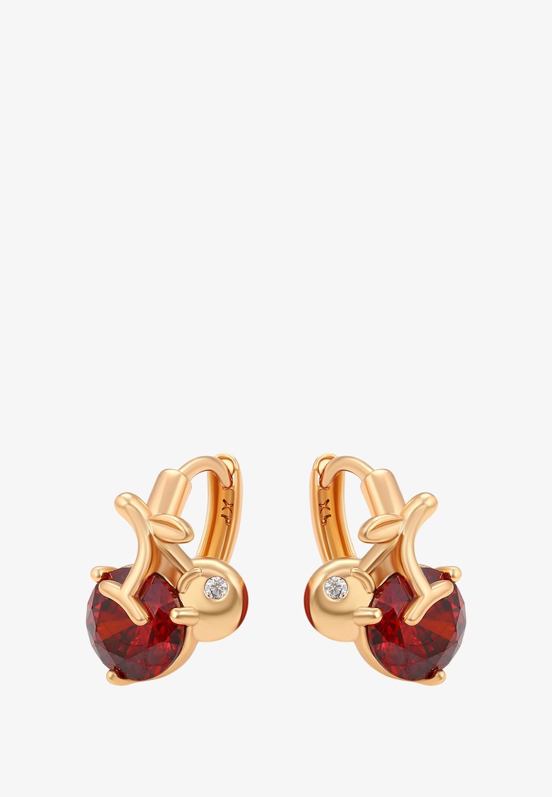 Aukso apyrankės su raudonais apvaliais brangakmeniais ir mažais skaidriais akmenimis, įtvirtintais triušiuko formos segtukuose.