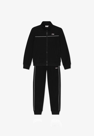 Sort FILA lynlåstrøje og matchende bukser med hvide pipingdetaljer og små FILA-logoer på bryst og lår.