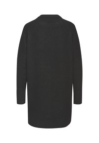 Langer schwarzer Strickpullover mit rundem Ausschnitt, gerippten Bündchen und Saum. Glatte Textur und ein einfaches, minimalistisches Design.
