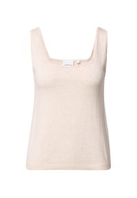 Beige mouwloze top met een vierkante halslijn, gemaakt van zachte stof, met een rechte snit en een minimale ribbelzoom. Etiket zichtbaar aan de binnenkant.