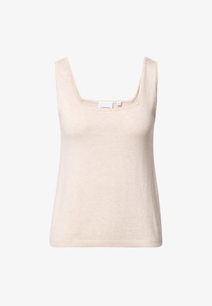 Beige mouwloze top met een vierkante halslijn, gemaakt van zachte stof, met een rechte snit en een minimale ribbelzoom. Etiket zichtbaar aan de binnenkant.