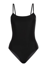 Maillot de bain une pièce noir avec de fines bretelles, texture lisse, design minimaliste et ouverture de jambe haute.