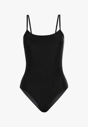 Zwart ééndelige badpak met dunne spaghettibandjes, een gladde textuur, een minimalistisch ontwerp en een hoog uitgesneden beenopening.
