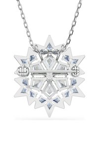 Sølv snefnug vedhæng med blå og klare geometriske krystaller. Har en kæde og en central lås for sikker bæring.