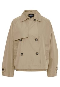Giacca beige corta realizzata in tessuto liscio, con un ampio colletto, bottoni doppi e tasche laterali.