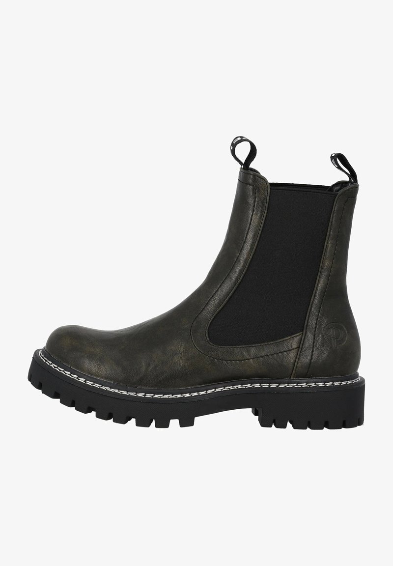 Botín de piel verde oscuro con paneles laterales elásticos, suela de goma negra y detalle de costura blanca. Cuenta con tiradores para facilitar su colocación.