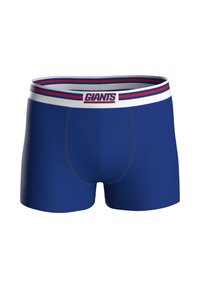 Boxer blu realizzati in tessuto liscio con una fascia in vita bianca decorata da strisce rosse e blu e il logo "GIANTS" al centro.