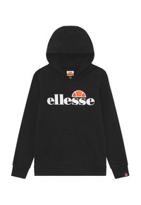 Sudadera con capucha negra con un bolsillo frontal, que presenta un gran logo blanco de "ellesse" y un gráfico circular en naranja y blanco encima. Tejido suave, capucha ajustable.