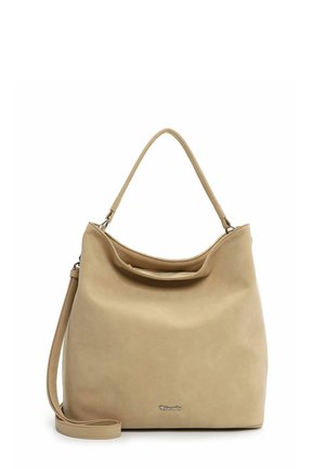 Beige Ledertasche mit einem oberen Griff und abnehmbarem Schulterriemen, versehen mit einem dezenten Markenlogo auf der Vorderseite.