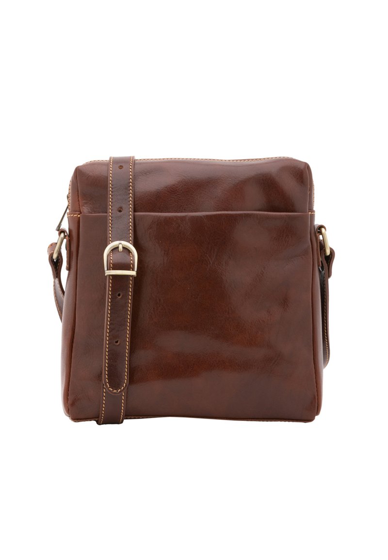 Borsa a tracolla in pelle marrone con una texture liscia, dotata di una sola tracolla con fibbia e una tasca frontale per un accesso facile.
