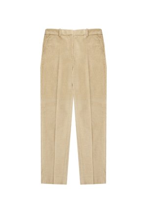 Beige corduroy broek met ribbeltextuur, voorzien van een vlakke voorkant, twee zijzakken en een rechte pasvorm.