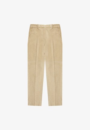 Beige corduroy broek met ribbeltextuur, voorzien van een vlakke voorkant, twee zijzakken en een rechte pasvorm.