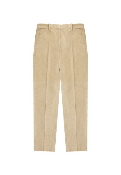 Pantalones de pana beige con una textura acanalada, que presentan un diseño de frente plano, dos bolsillos laterales y un estilo de pierna recta.