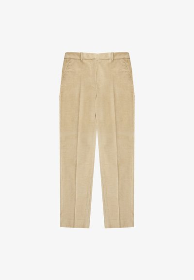 Pantalones de pana beige con una textura acanalada, que presentan un diseño de frente plano, dos bolsillos laterales y un estilo de pierna recta.