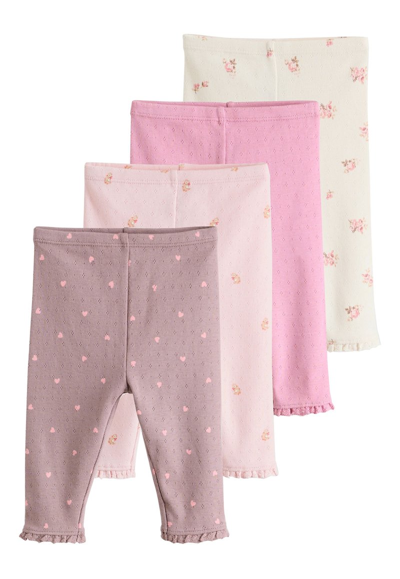 Patru perechi de colanți din bumbac în nuanțe variate de roz și alb, cu modele florale și inimioare, având tivuri cu volănașe.