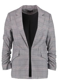 Blazer à carreaux avec un intérieur noir, présentant un motif à carreaux gris et blanc avec des accents rouges subtils, fermeture à un bouton et poches avant.