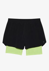 Pantaloni sportivi neri con vita elasticizzata, dotati di pantaloni interni leggeri e verdi attaccati. Tessuto morbido e design casual.