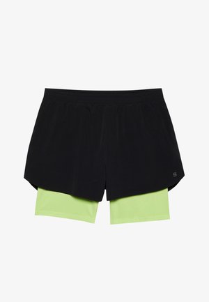 Calções atléticos pretos com uma cinta elástica, apresentando calções interiores verdes claros anexados. Tecido suave e um design casual.