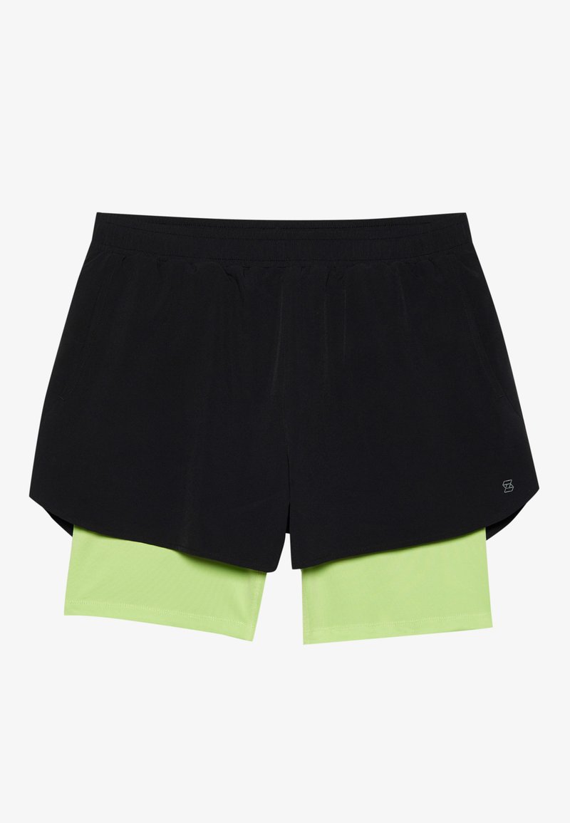 Pantalones cortos deportivos negros con una banda elástica en la cintura, que presentan pantalones interiores de color verde claro adjuntos. Tejido suave y un diseño casual.