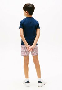 Donkerblauw polo-shirt met korte mouwen, geruite shorts in rood en wit, en witte sneakers met donkerblauwe accenten, gezien vanuit de achterkant.