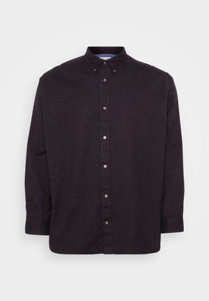 Dark purple button-up shirt with a collar, long sleeves, and subtle texture. Features silver buttons along the front.
