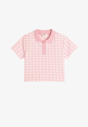 Roze polo shirt met korte mouwen en een ruitpatroon, voorzien van een geribbelde kraag en een knoopsluiting met drie knopen. Zacht katoen.