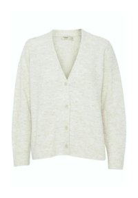 Ljust färgad cardigan i texturerat stickat tyg, med V-ringning, långa ärmar och fem knappar framtill.