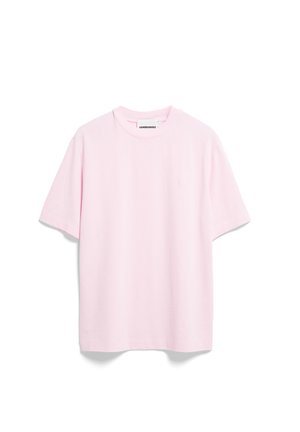 Lichtroze katoenen T-shirt met een ronde hals, korte mouwen en een klein logo geborduurd op de voorkant. Gladde textuur, ontspannen pasvorm.