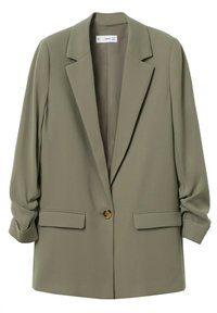 Veste pour femme vert olive clair avec revers crantés, fermeture à un bouton marron, manches longues retroussées et deux poches à rabat à l'avant.