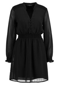 Schwarzes Kleid mit langen, transparenten Ärmeln, tiefem V-Ausschnitt, Knöpfen vorne und einem gerafften Bund. Leichter Stoff mit glatter Textur.