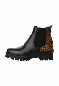 Botte noire en cuir à la cheville avec panneaux latéraux élastiques et accent en imprimé léopard. Elle dispose d'une semelle robuste et d'une languette pour un enfilage facile.
